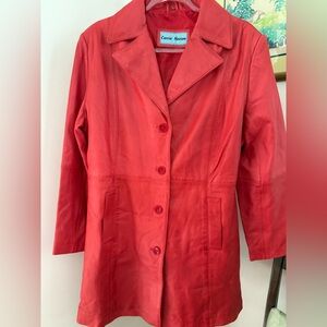 Carrie Hoxton Long Red Leather Coat. In Good Preloved Condition. Size US L UK 20